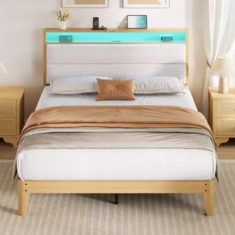 Bed Frame with Storage Headboard, Upholstered Platform Bed, No Box Spring Needed, Easy Assembly, Wooden Slats,
