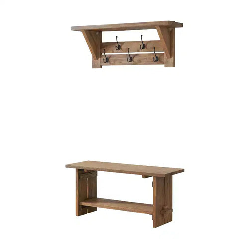 40" Bethel Acacia Wood Bench and Coat Hook with Shelf Natural - Alaterre Furniture: Industrial Style Hall Tree, Mudroom Organizer