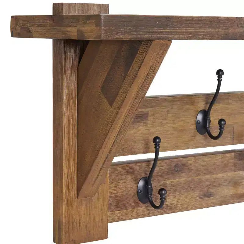 40" Bethel Acacia Wood Bench and Coat Hook with Shelf Natural - Alaterre Furniture: Industrial Style Hall Tree, Mudroom Organizer