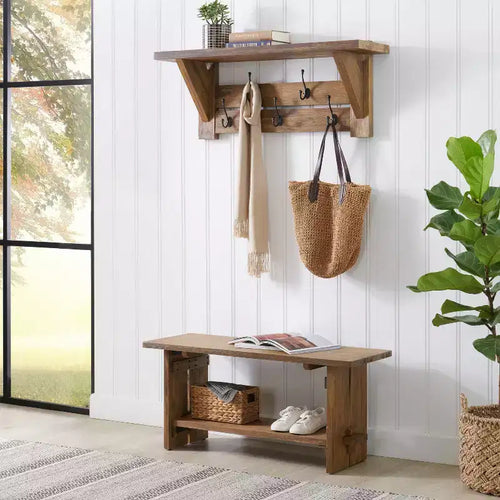 40" Bethel Acacia Wood Bench and Coat Hook with Shelf Natural - Alaterre Furniture: Industrial Style Hall Tree, Mudroom Organizer